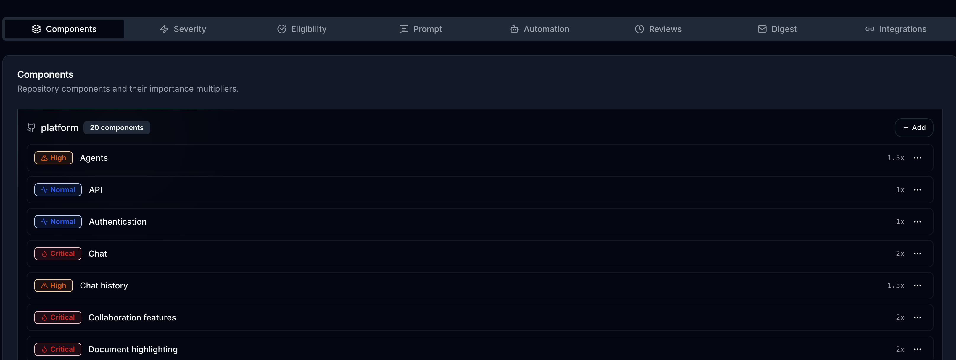 Configuração de componentes para o repositório da plataforma: 20 componentes com níveis de importância. Chat é Crítico com 2x, Agents é Alto com 1,5x, API e Autenticação são Normal com 1x.