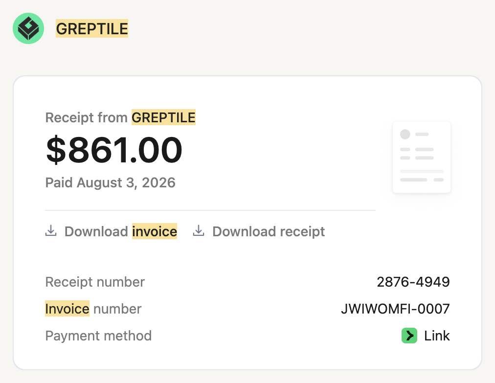 Receipt from Greptile for $861.00, paid August 3, 2026.