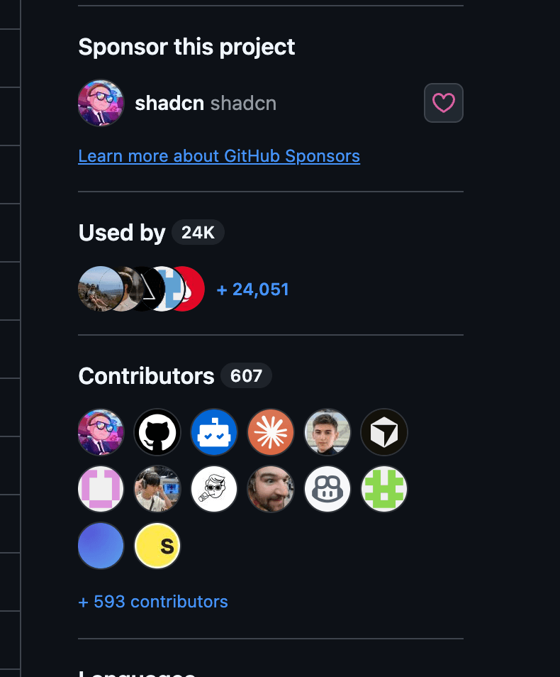 GitHub sidebar for shadcn/ui showing Used by 24K and 607 contributors.